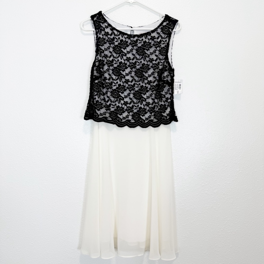 Dressbarn Established 1962 White A-Line Flowy Dress W/Black Lace Top